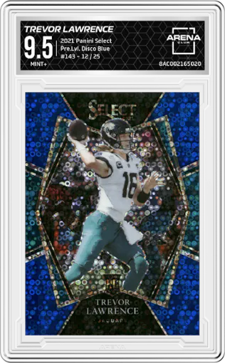 Trevor Lawrence from the 2021 Panini Select set featuring a Disco Blue parallel graded by Arena Club and given an overall grade of 9.5.
