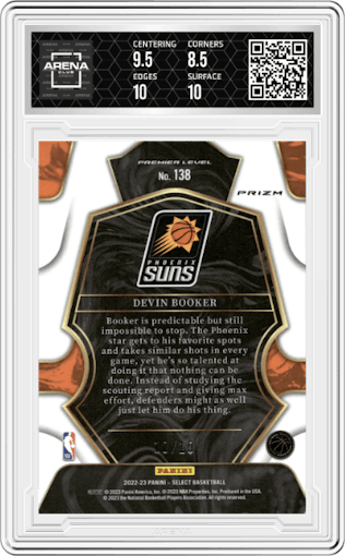 Devin Booker from the 2022-23 Panini Select set featuring a Gold Wave parallel graded by Arena Club and given an overall grade of 9.
