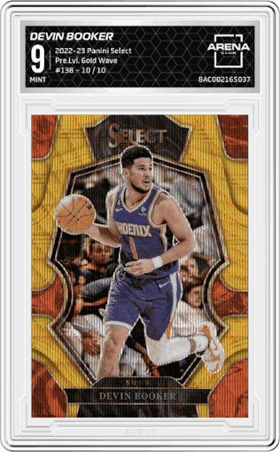 Devin Booker from the 2022-23 Panini Select set featuring a Gold Wave parallel graded by Arena Club and given an overall grade of 9.