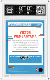 Victor Wembanyama from the 2023-24 Donruss Optic set featuring a Holo parallel graded by Arena Club and given an overall grade of 9.5.