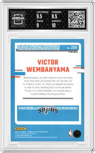 Victor Wembanyama from the 2023-24 Donruss Optic set featuring a Holo parallel graded by Arena Club and given an overall grade of 9.5.