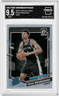 Victor Wembanyama from the 2023-24 Donruss Optic set featuring a Holo parallel graded by Arena Club and given an overall grade of 9.5.