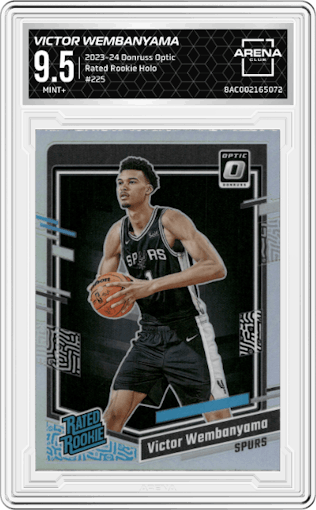 Victor Wembanyama from the 2023-24 Donruss Optic set featuring a Holo parallel graded by Arena Club and given an overall grade of 9.5.