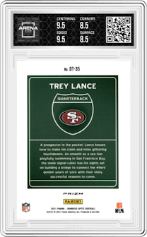 Trey Lance from the 2021 Panini Donruss Optic set graded by Arena Club and given an overall grade of 9.