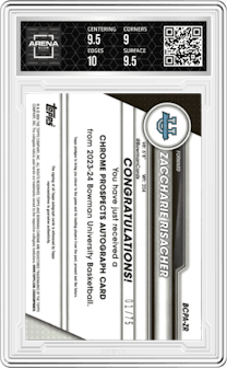 Zaccharie Risacher from the 2023-24 Bowman U Chrome set featuring a Yellow Refractor parallel graded by Arena Club and given an overall grade of 9.5.