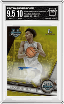 Zaccharie Risacher from the 2023-24 Bowman U Chrome set featuring a Yellow Refractor parallel graded by Arena Club and given an overall grade of 9.5.