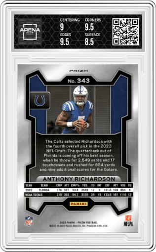 Anthony Richardson from the 2023 Panini Prizm set featuring a Red/White/Blue parallel graded by Arena Club and given an overall grade of 9.
