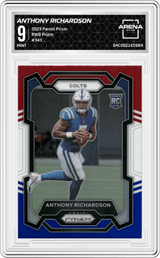 Anthony Richardson from the 2023 Panini Prizm set featuring a Red/White/Blue parallel graded by Arena Club and given an overall grade of 9.