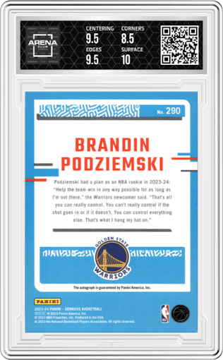 Brandin Podziemski from the 2023-24 Panini Donruss set featuring a  Choice  parallel graded by Arena Club and given an overall grade of 9.