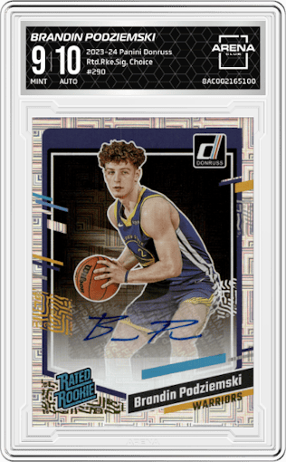 Brandin Podziemski from the 2023-24 Panini Donruss set featuring a  Choice  parallel graded by Arena Club and given an overall grade of 9.