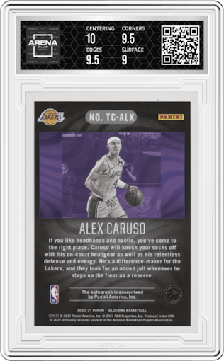 Alex Caruso from the 2020-21 Panini Illusions  set featuring a Pink parallel graded by Arena Club and given an overall grade of 9.5.