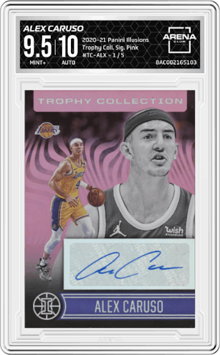 Alex Caruso from the 2020-21 Panini Illusions  set featuring a Pink parallel graded by Arena Club and given an overall grade of 9.5.