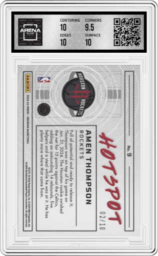 Amen Thompson from the 2023-24 Panini Obsidian set featuring a Electric Etch Gold Flood parallel graded by Arena Club and given an overall grade of 10.