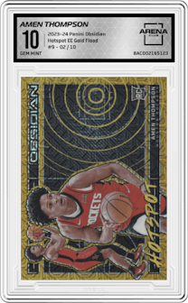 Amen Thompson from the 2023-24 Panini Obsidian set featuring a Electric Etch Gold Flood parallel graded by Arena Club and given an overall grade of 10.