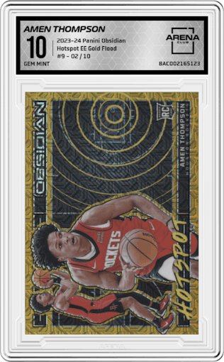 Amen Thompson from the 2023-24 Panini Obsidian set featuring a Electric Etch Gold Flood parallel graded by Arena Club and given an overall grade of 10.