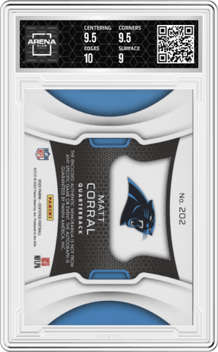 Matt Corral from the 2022 Panini Certified set graded by Arena Club and given an overall grade of 9.5.