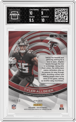 Tyler Allgeier from the 2023 Panini Spectra set featuring a Neon Blue parallel graded by Arena Club and given an overall grade of 9.5.