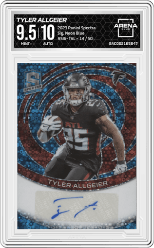 Tyler Allgeier from the 2023 Panini Spectra set featuring a Neon Blue parallel graded by Arena Club and given an overall grade of 9.5.