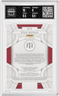 Stan Musial from the 2022 Panini National Treasures set graded by Arena Club and given an overall grade of 9.5.