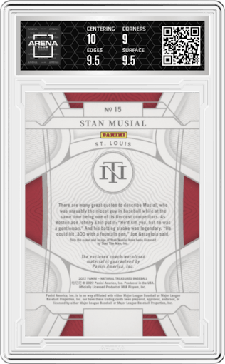 Stan Musial from the 2022 Panini National Treasures set graded by Arena Club and given an overall grade of 9.5.