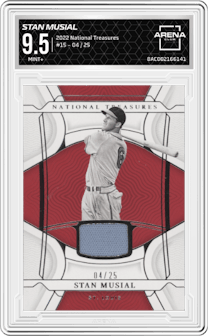 Stan Musial from the 2022 Panini National Treasures set graded by Arena Club and given an overall grade of 9.5.