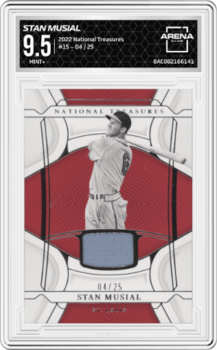 Stan Musial from the 2022 Panini National Treasures set graded by Arena Club and given an overall grade of 9.5.