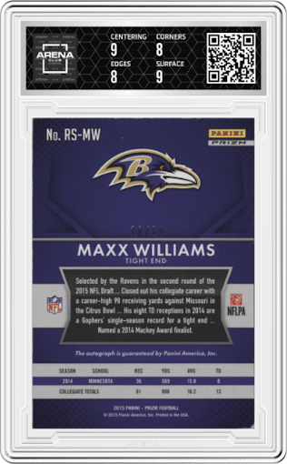 Maxx Williams from the 2015 Panini Prizm set featuring a Gold Prizm parallel graded by Arena Club and given an overall grade of 8.5.