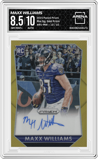 Maxx Williams from the 2015 Panini Prizm set featuring a Gold Prizm parallel graded by Arena Club and given an overall grade of 8.5.