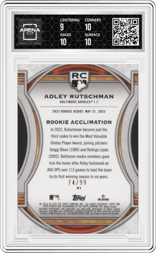 Adley Rutschman from the 2023 Topps Tribute set featuring a Green parallel graded by Arena Club and given an overall grade of 9.5.