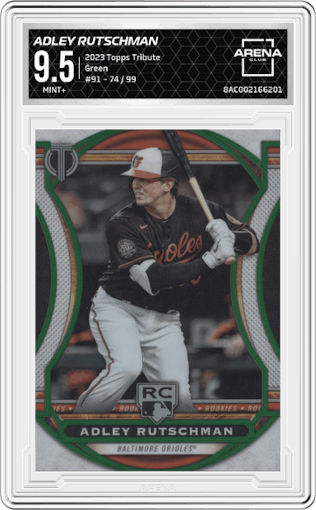 Adley Rutschman from the 2023 Topps Tribute set featuring a Green parallel graded by Arena Club and given an overall grade of 9.5.
