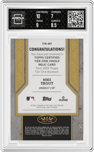 Mike Trout from the 2024 Topps Tier One  set graded by Arena Club and given an overall grade of 7.5.