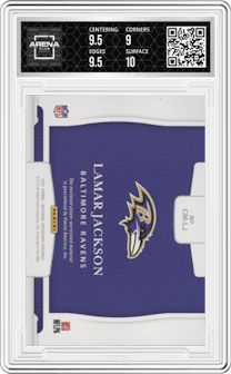 Lamar Jackson from the 2021 Panini National Treasures set graded by Arena Club and given an overall grade of 9.5.