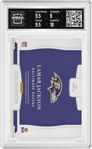 Lamar Jackson from the 2021 Panini National Treasures set graded by Arena Club and given an overall grade of 9.5.