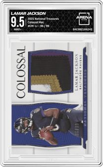 Lamar Jackson from the 2021 Panini National Treasures set graded by Arena Club and given an overall grade of 9.5.