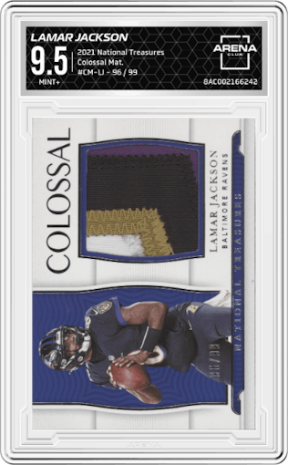 Lamar Jackson from the 2021 Panini National Treasures set graded by Arena Club and given an overall grade of 9.5.