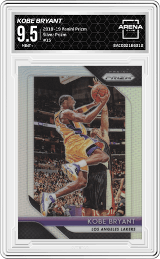 Kobe Bryant from the 2018-19 Panini Prizm set featuring a Silver Prizm parallel graded by Arena Club and given an overall grade of 9.5.