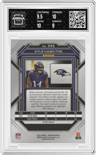 Kyle Hamilton from the 2022 Panini Prizm set featuring a Red Prizm parallel graded by Arena Club and given an overall grade of 9.5.