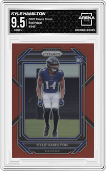 Kyle Hamilton from the 2022 Panini Prizm set featuring a Red Prizm parallel graded by Arena Club and given an overall grade of 9.5.
