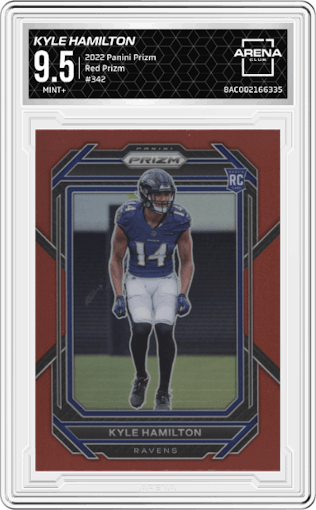 Kyle Hamilton from the 2022 Panini Prizm set featuring a Red Prizm parallel graded by Arena Club and given an overall grade of 9.5.
