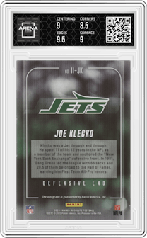 Joe Klecko from the 2023 Panini Absolute set featuring a Black parallel graded by Arena Club and given an overall grade of 9.
