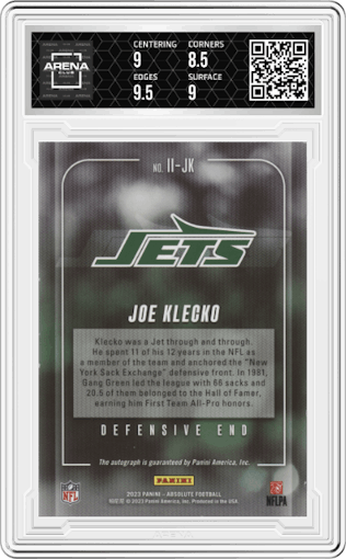 Joe Klecko from the 2023 Panini Absolute set featuring a Black parallel graded by Arena Club and given an overall grade of 9.
