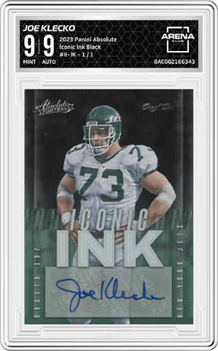 Joe Klecko from the 2023 Panini Absolute set featuring a Black parallel graded by Arena Club and given an overall grade of 9.
