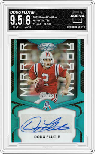 Doug Flutie from the 2023 Panini Certified set featuring a Teal parallel graded by Arena Club and given an overall grade of 9.5.