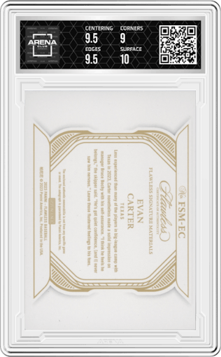 Evan Carter from the 2023 Panini Flawless set graded by Arena Club and given an overall grade of 9.5.