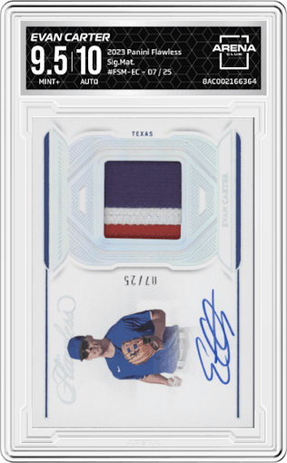 Evan Carter from the 2023 Panini Flawless set graded by Arena Club and given an overall grade of 9.5.