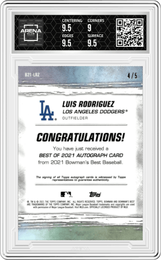 Luis Rodriguez from the 2021 Bowman’s Best set featuring a Red Lava Refractor parallel graded by Arena Club and given an overall grade of 9.5.