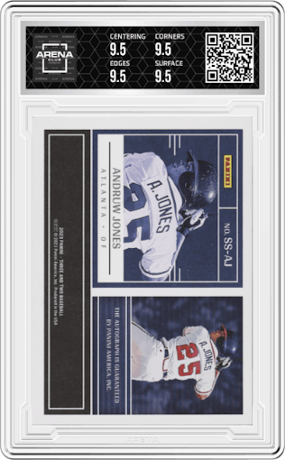 Andruw Jones  from the 2023 Panini Three & Two set featuring a Black  parallel graded by Arena Club and given an overall grade of 9.5.