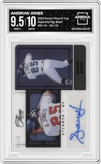 Andruw Jones  from the 2023 Panini Three & Two set featuring a Black  parallel graded by Arena Club and given an overall grade of 9.5.