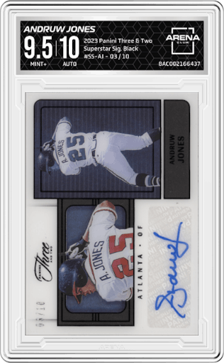 Andruw Jones  from the 2023 Panini Three & Two set featuring a Black  parallel graded by Arena Club and given an overall grade of 9.5.