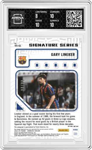 Gary Lineker from the 2023-24 Panini Donruss set featuring a Blue parallel graded by Arena Club and given an overall grade of 8.5.